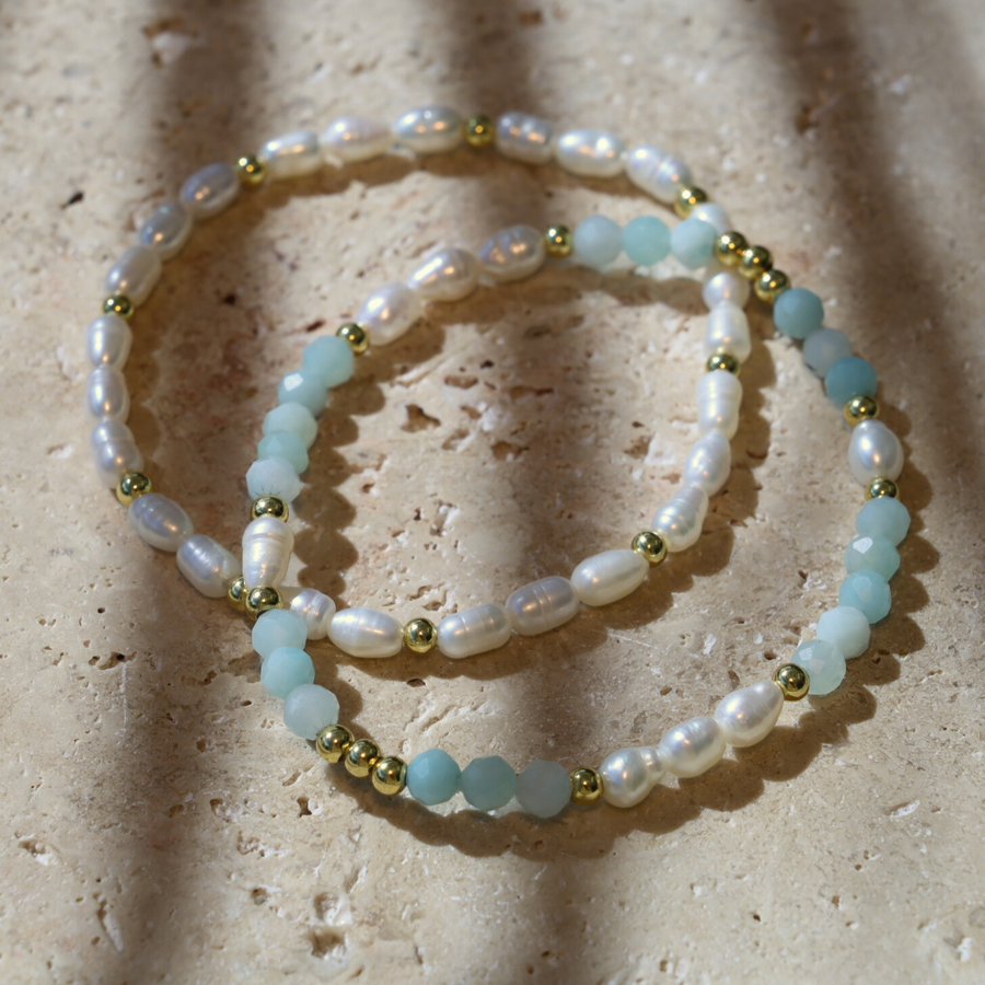 Amazonite and Pearl gemstone stretch bracelets 