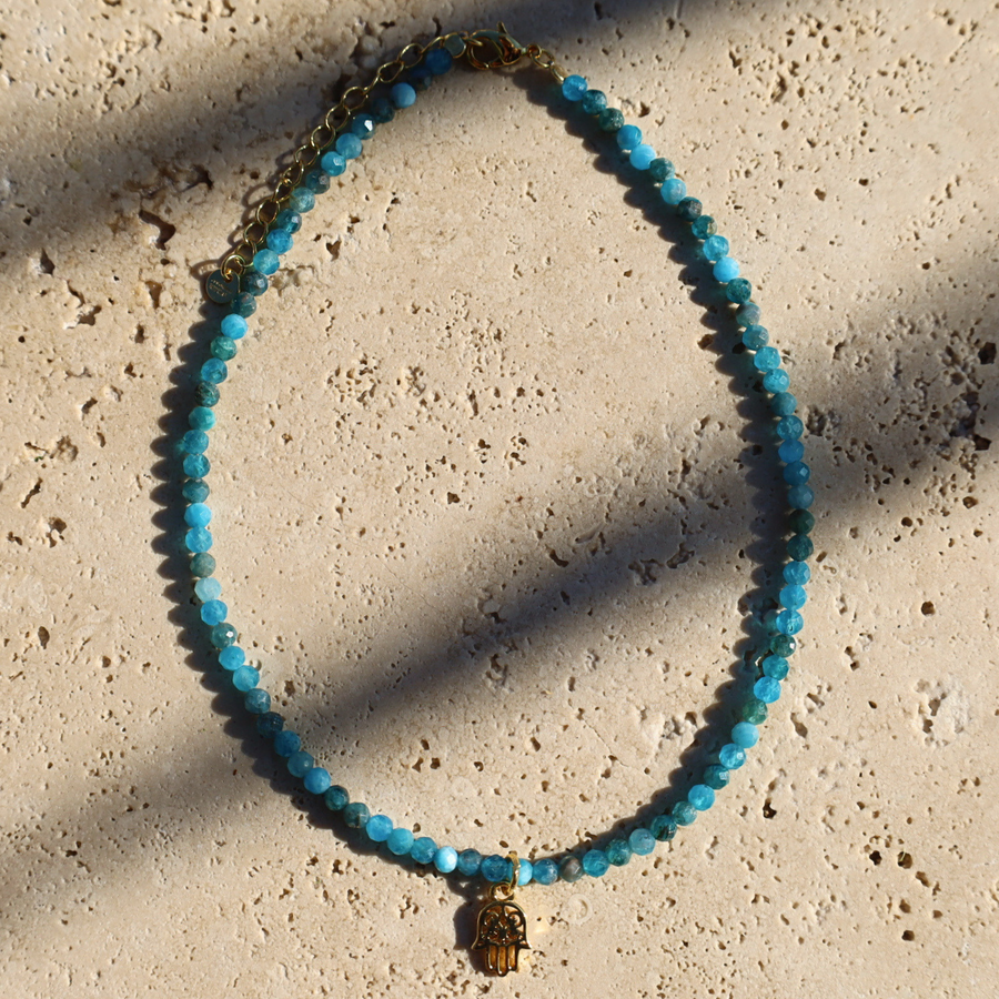 Apatite blue  anklet Hamsa gold charm 