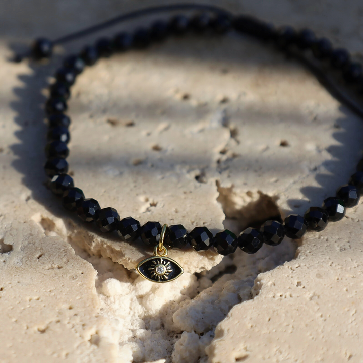Black Spinel Bracelet with evil eye charm  