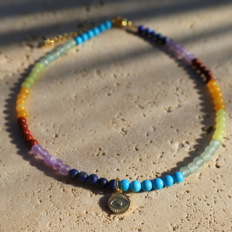 Chakra Gemstone Anklet with evil eye charm 