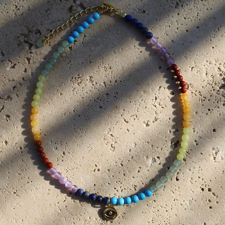 Chakra rainbow anklet with evil eye charm