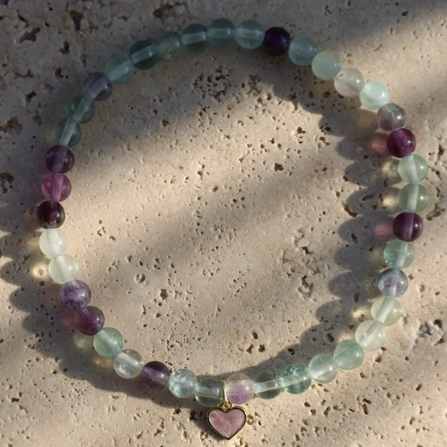 Flourite Bracelet with pink heart charm enamel 