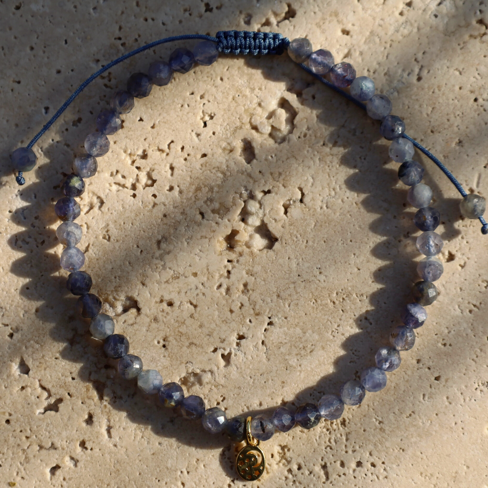 Lolite Gemstone Bracelet Blue Grey with gold charm 