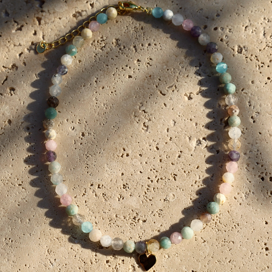 Multi Gemstone Anklet with gold heart charm 