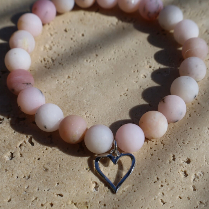Pink Opal Chunky Stretch Bracelet silver heart charm