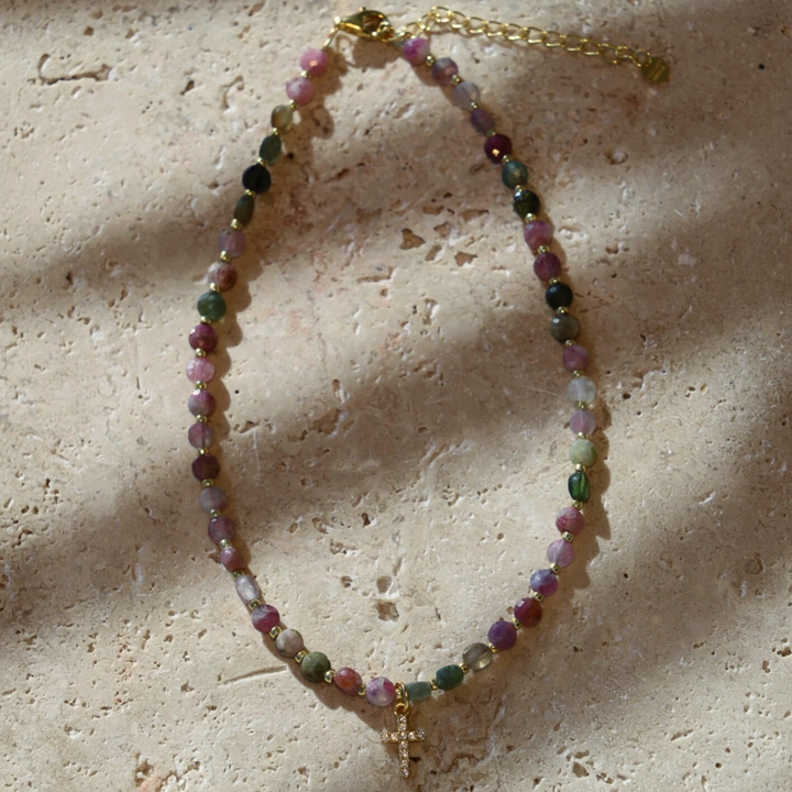 Tourmaline Anklet CZ Cross Charm 