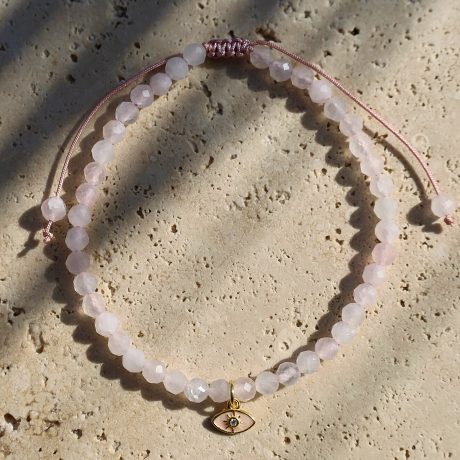 Rose Quartz Bracelet Evil Eye Pink Charm 