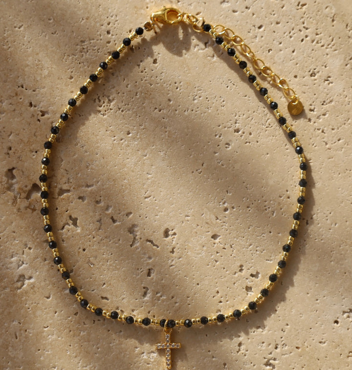 Gemstone Anklet in Black Spinel cross charm
