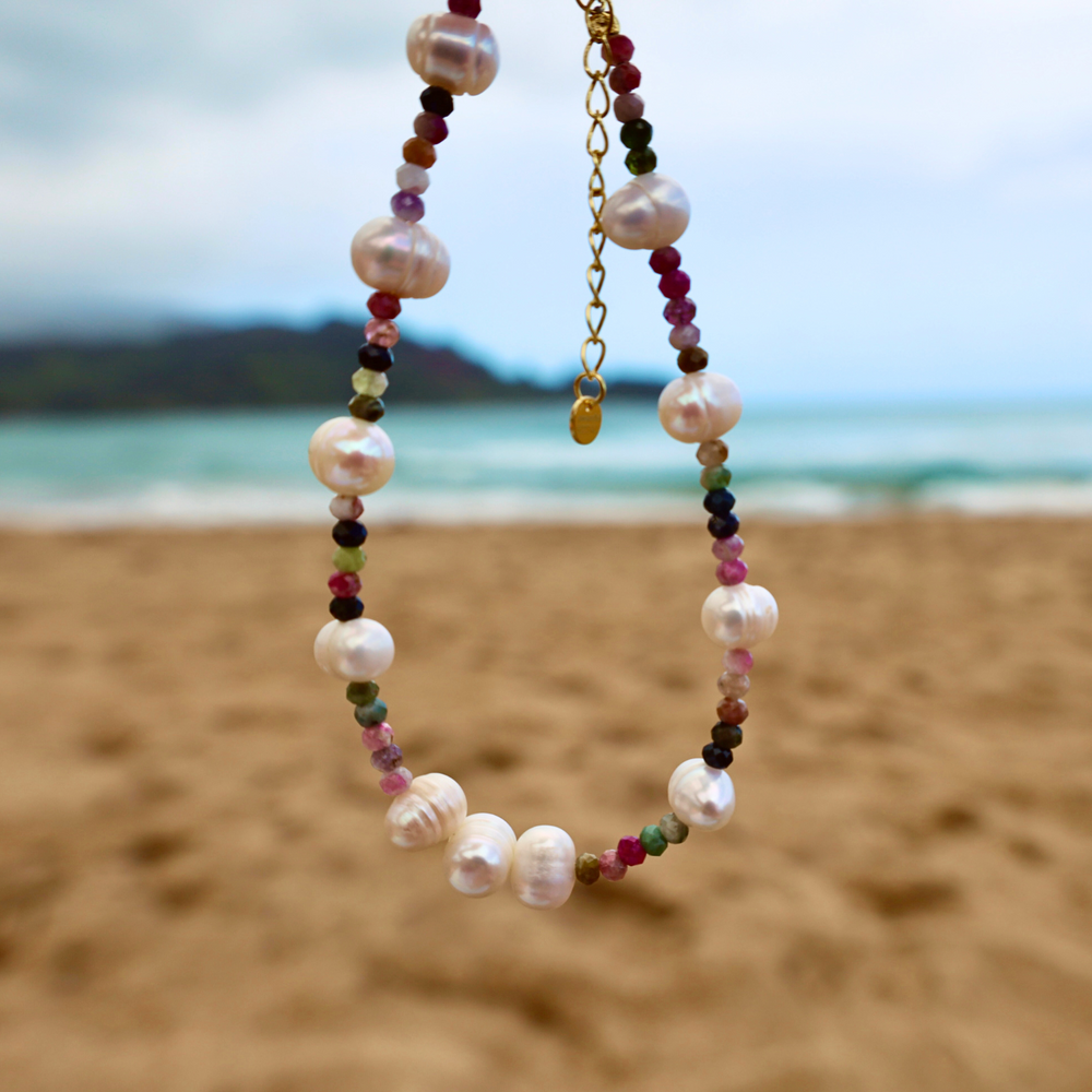 Tourmaline and Pearl Gemstone Bracelet gold plated 