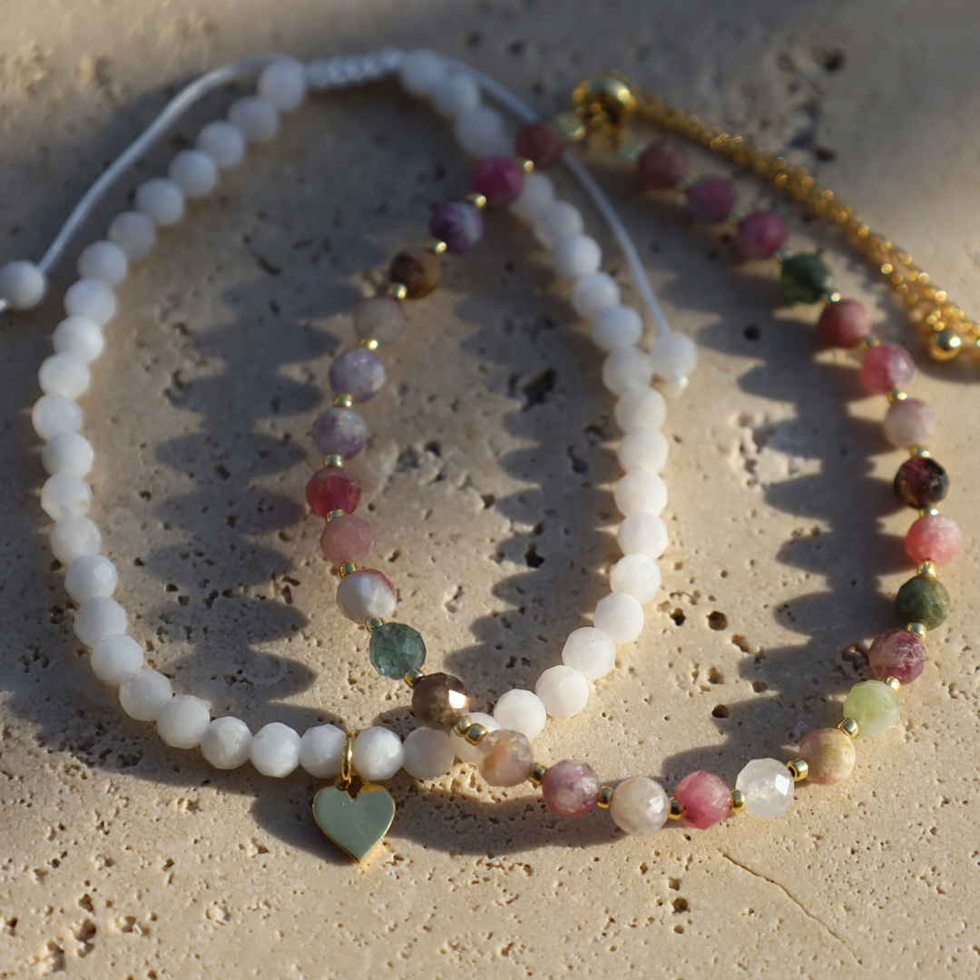  moonstone and tourmaline gemstone bracelets with gold heart charm 
