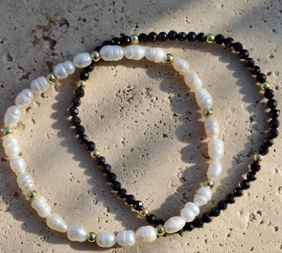pearl and black spinel stretch gemstone bracelets 